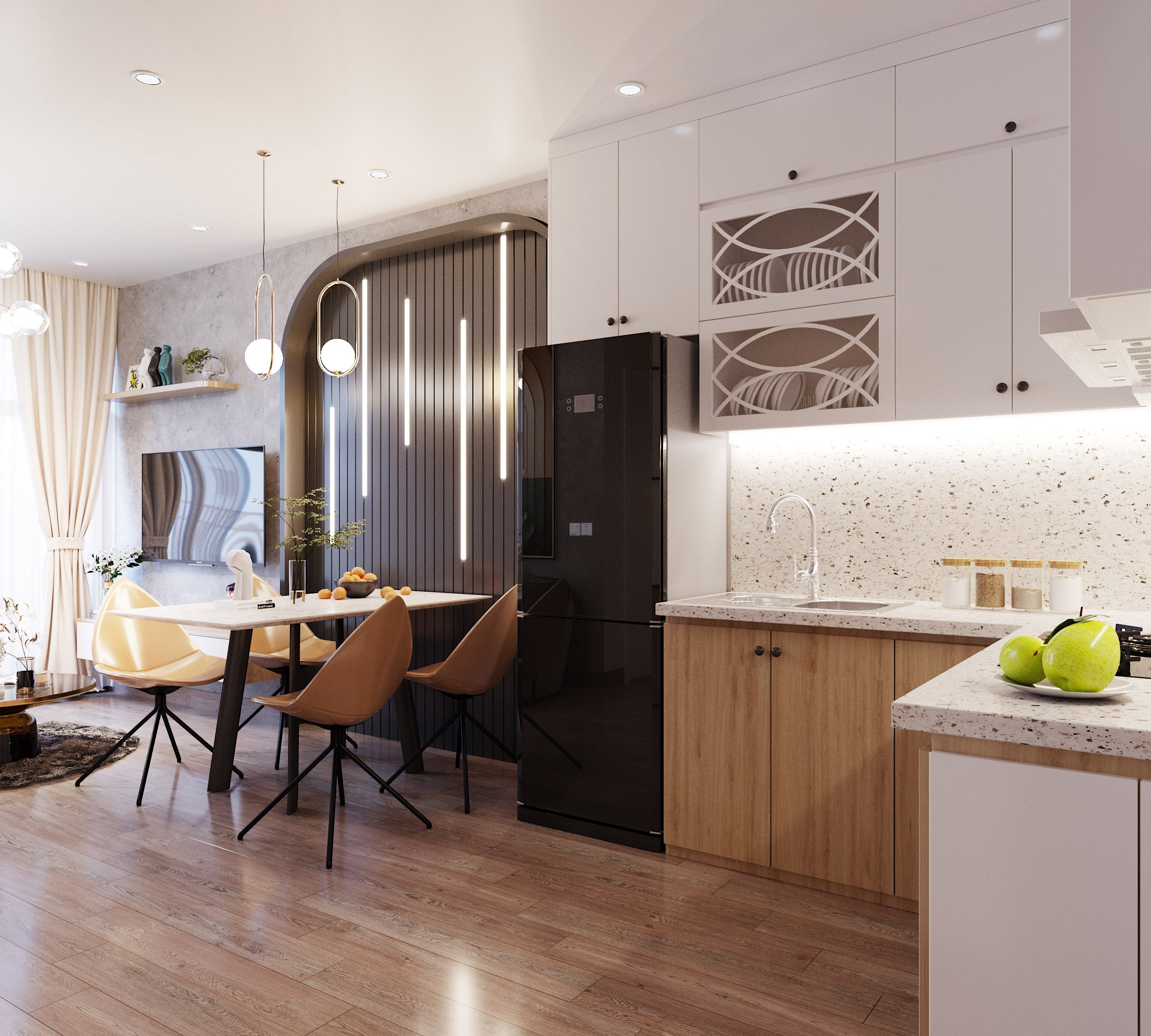 Thiết kế nội thất phòng khách và nhà bếp kết hợp